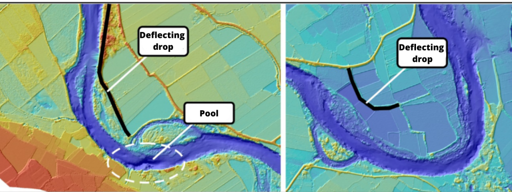 Figure 12. Deflecting drops in front of Luceni, left, and downstream of Alcalá de Ebro, right.
