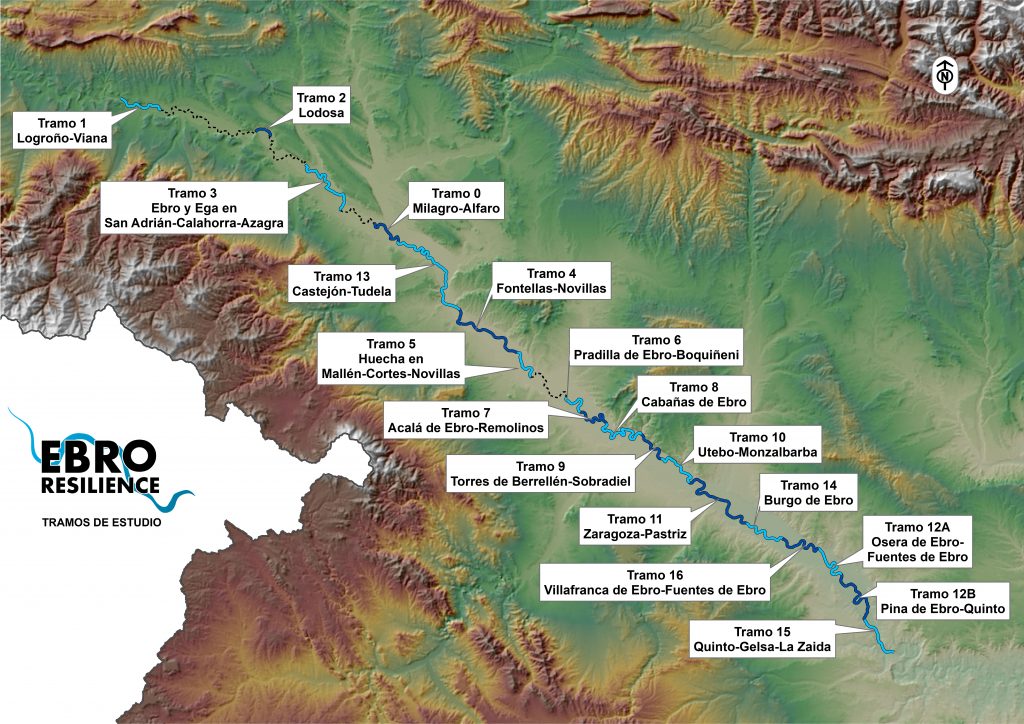 Mapa con los tramos de estudio de la Estrategia Ebro Resilience