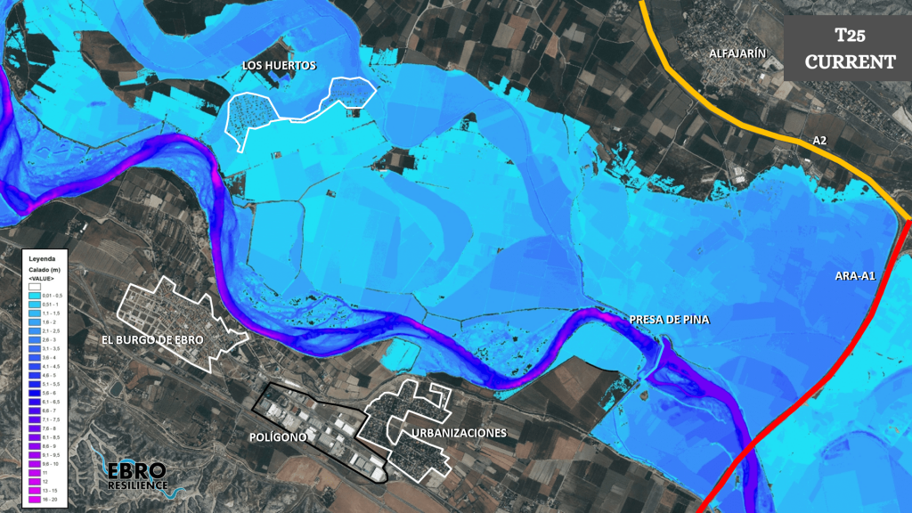 Figure 11. Results of the hydraulic model for the 25-year return period flood (own elaboration).