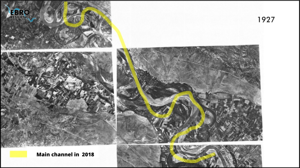 Figure 5a. Comparison of the evolution of the Ebro riverbed in 1927 and today (own elaboration).