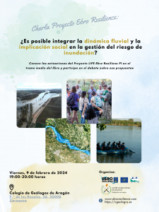 Cartel charla divulgativa sobre dinámica fluvial en el Colegio de Geólogos de Aragón.