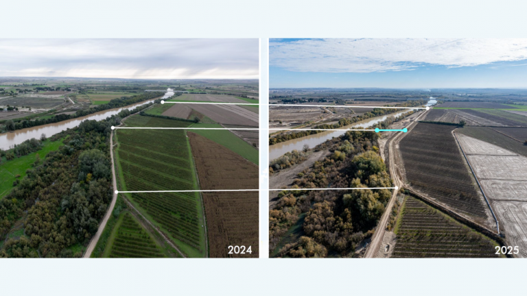 Retranqueo de defensas en Mejana del Conde. Foto comparativa 2024 y 2025