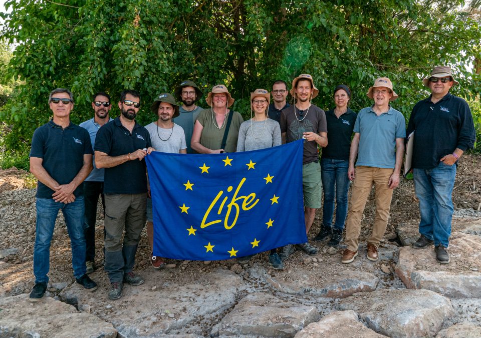 Visita proyecto IRIS Austria. Fotografía grupo con bandera LIFE.