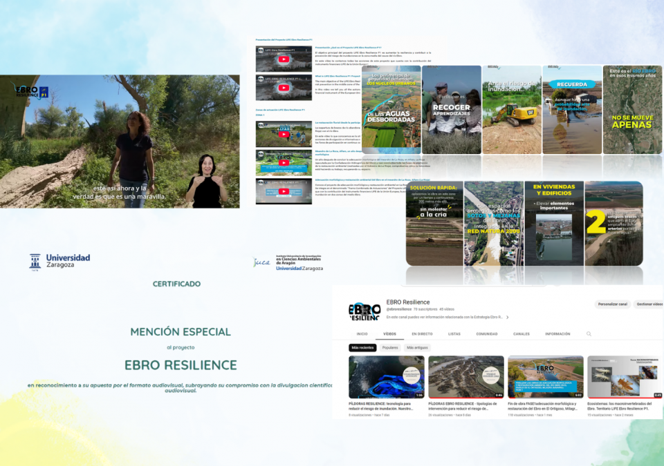 Collage de imágenes sobre los vídeos del Proyecto LIFE Ebro Resilience P1 y la Estrategia Ebro Resilience