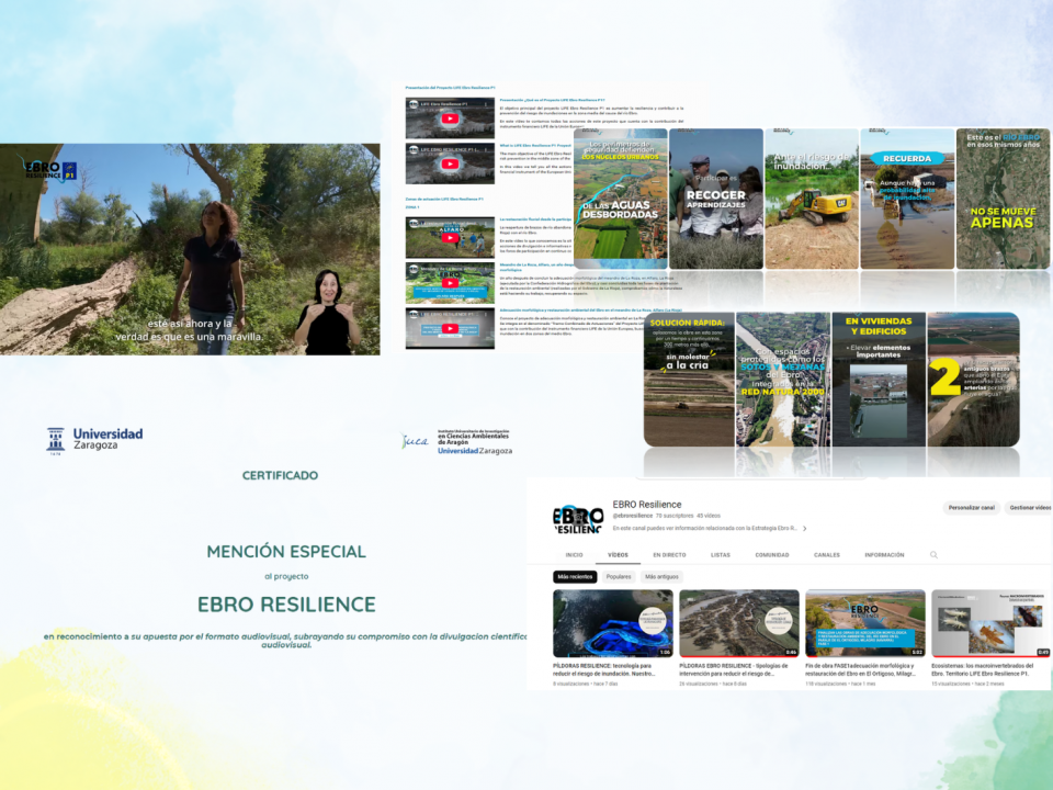 Collage of images from the LIFE Ebro Resilience P1 Project videos and the Ebro Resilience Strategy