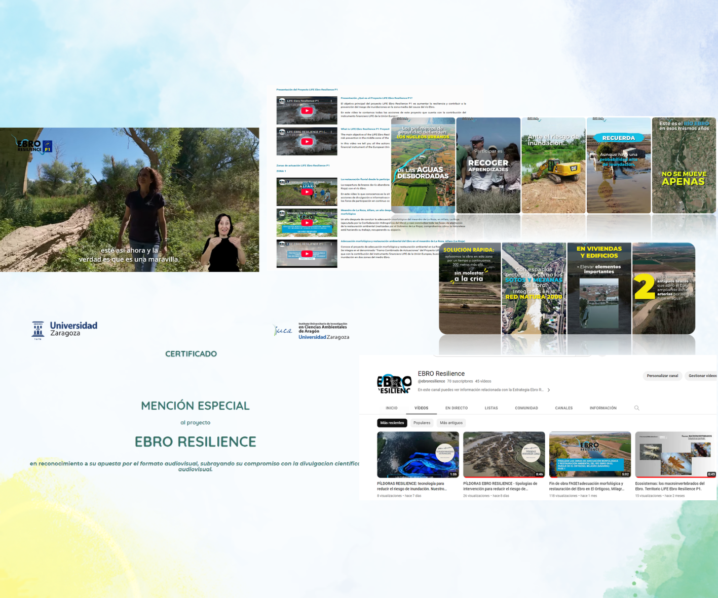 Collage de imágenes sobre los vídeos del Proyecto LIFE Ebro Resilience P1 y la Estrategia Ebro Resilience