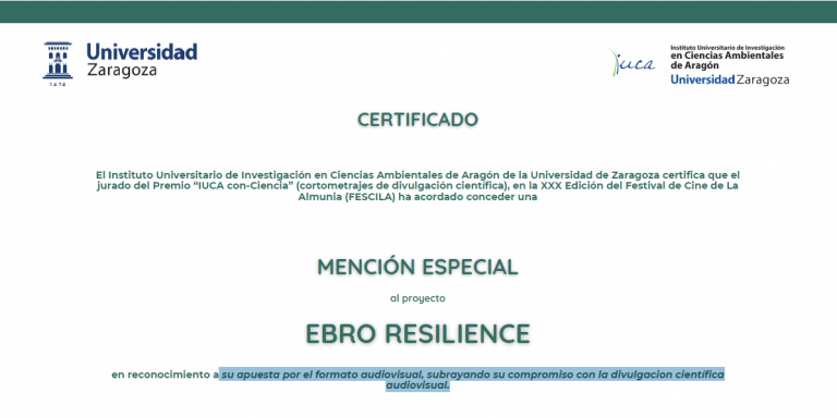 Mención especial de la IUCA al proyecto y la estrategia Ebro Resilience